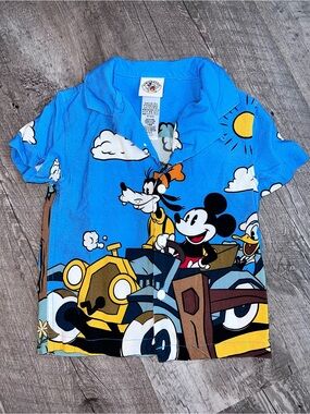 Disney Kids Short-Sleeve Button-Up Shirt in Bright Blue with Mickey & Friends